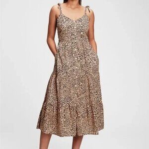 GAP 10 Leopard Midi Dress Button Front Tiered Tie Shoulder‎ Animal Print Tan